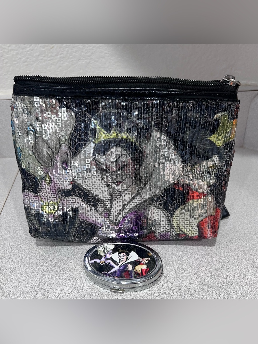 Disney Villains Sequin Cosmetic Bag & Compact Mirror